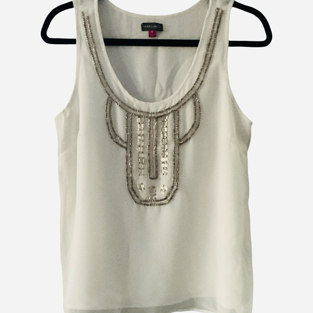 Vince Camuto sheer overlay beaded eye-catching details tank top.